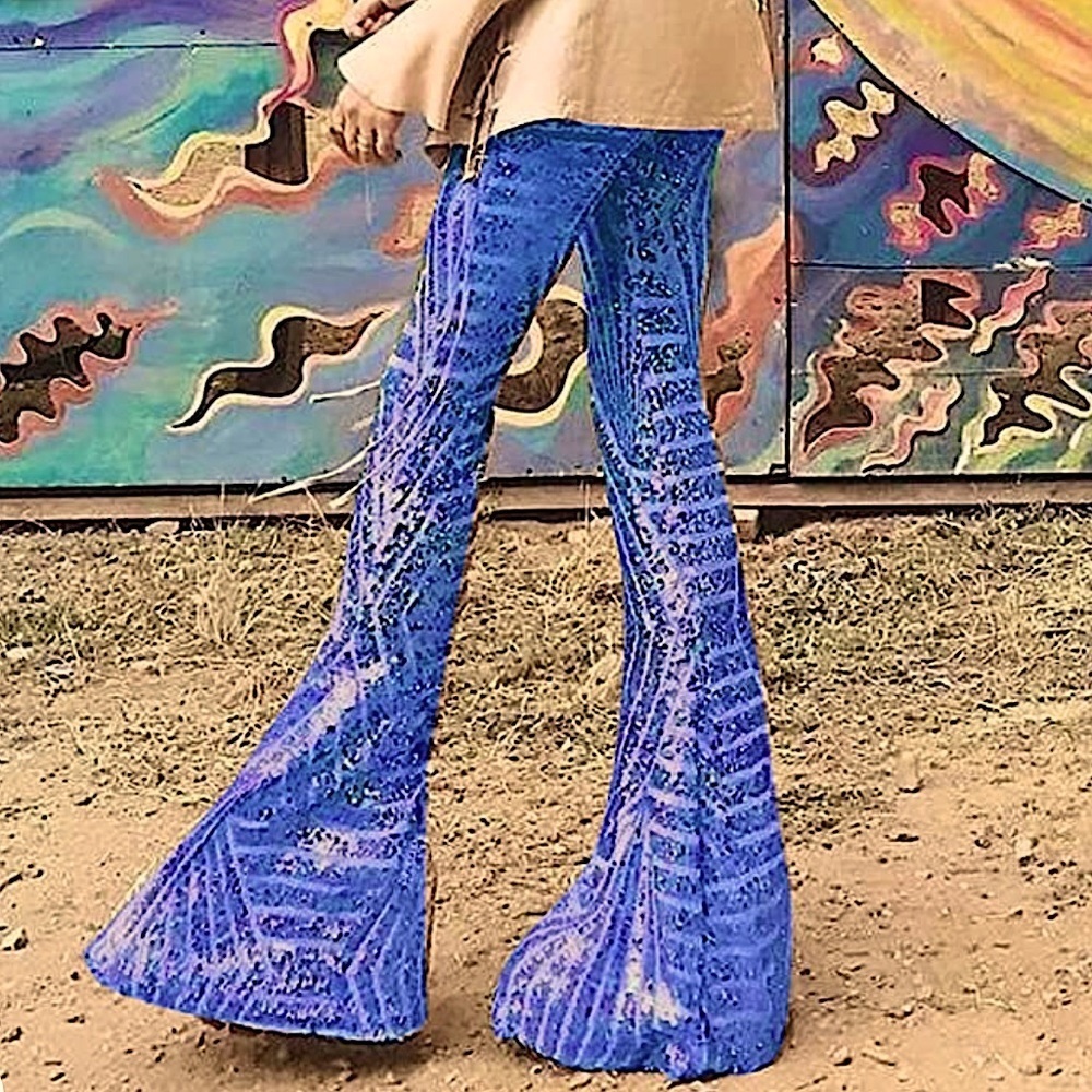 Blue Sequin Backstage Bell Bottom Flare Pants